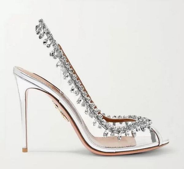 

famous summer luxury temptation crystal sandals shoes for women embellished pvc peep toe sling-back high heels bridal wedding party, Black