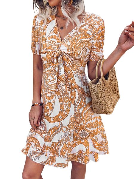 

all over print t.ie f.ront ruffle hem d.ress k4oi#, Black;gray