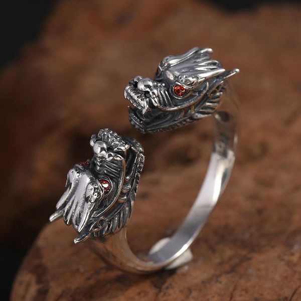 Кластерные кольца стерлингового серебряного кольца ретро-тайское орнамент двойной китайский драконы Регулируемые мужчины классные мужчины и женщины-кластер