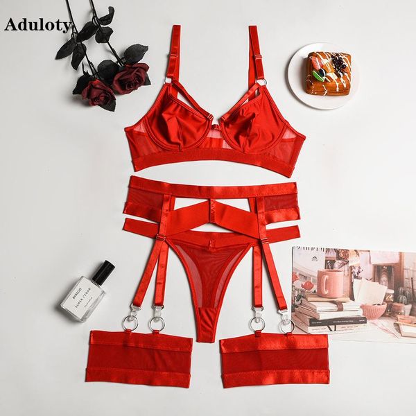 

fashion womens lingerie underwire bra panty set thin section see-through erotic garter belt thong underwear, Red;black