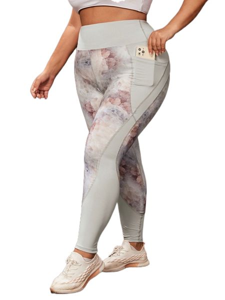 

plus tie dye wideband waist sports leggings with phone pocket s18f#, Black