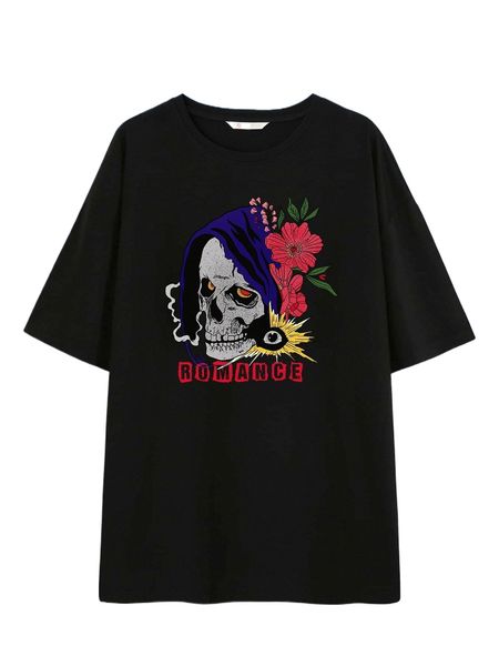 

romwe x lostinlol skull & f.loral print tee v9mu#, White