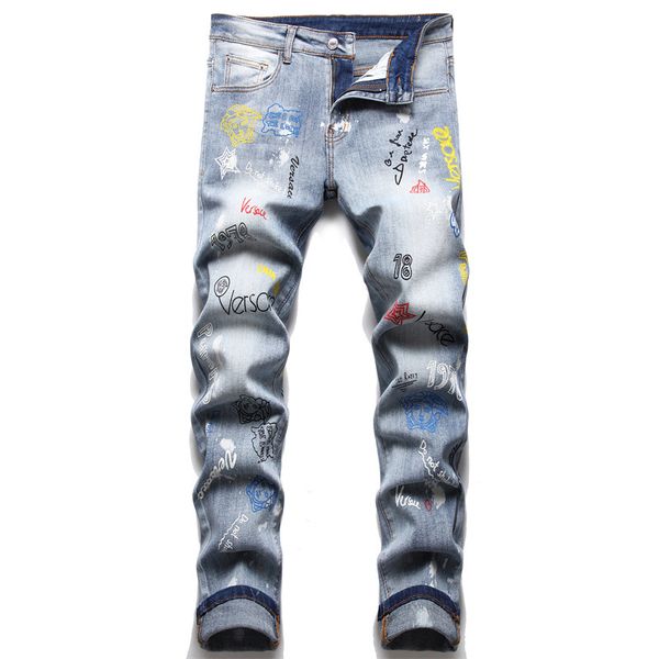 

denim pants male new young men's fashion jeans casual stretch slim ripped jeans men, Blue