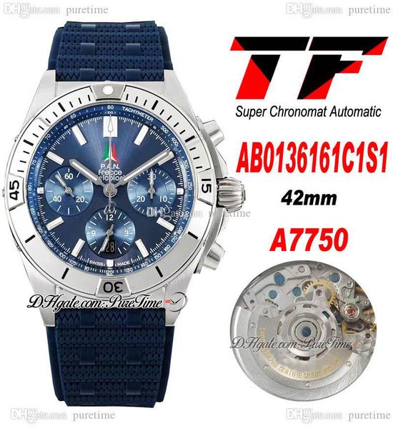 

tf b01 eta a7750 automatic chronograph mens watch steel case silver blue dial white stick markers rubber strap ab0136251b2s1 super edition p, Slivery;brown
