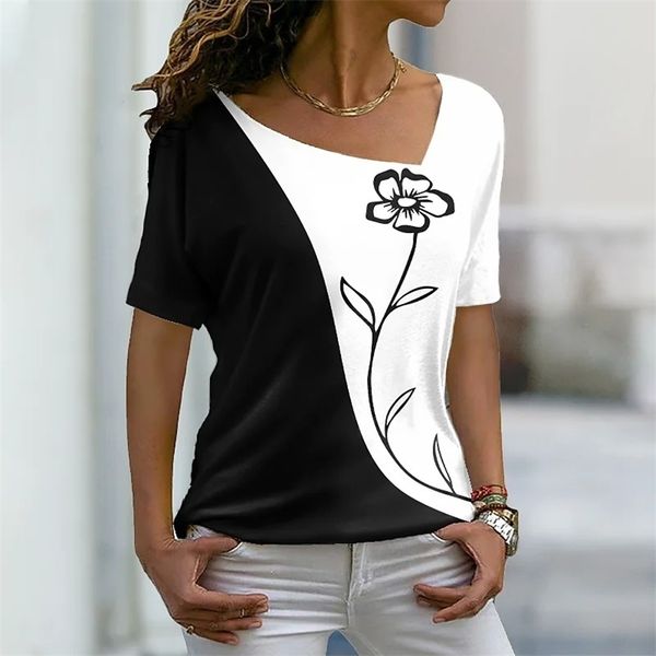 Sommer-Damen-T-Shirt mit Blumenmotiv, Malerei, Blumen-Farbblockdruck, V-Ausschnitt, Basic-Oberteile, Grün, Schwarz, Rot, 3D-Druck 220527