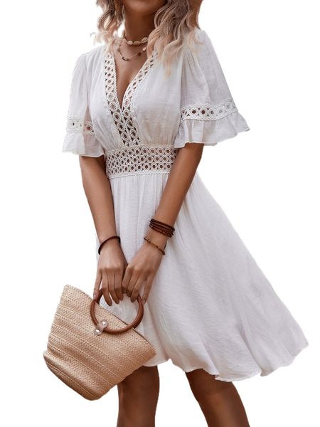 

guipure lace insert flounce sleeve dress n2xn#, Black;gray