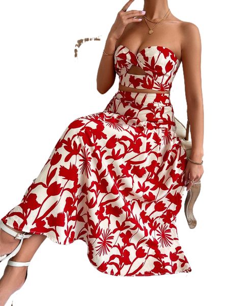 

twist floral print cut out front crop tube & skirt z4hn#, White