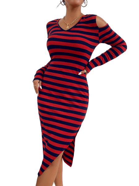 

striped cold shoulder split hem dress 96wv#, Black;gray