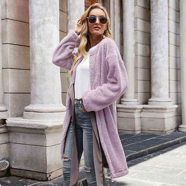 Purple Furry Blends Woolen Casacos Mulheres O-Golago Praço Longo Cardigans Long Cardigans Autumn Winter Colors Solid Sollow Casual Casual Clothing T220714
