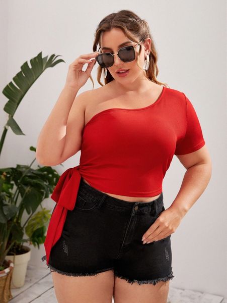 

plus one shoulder tie side rib-knit crop tee y3kp#, Black