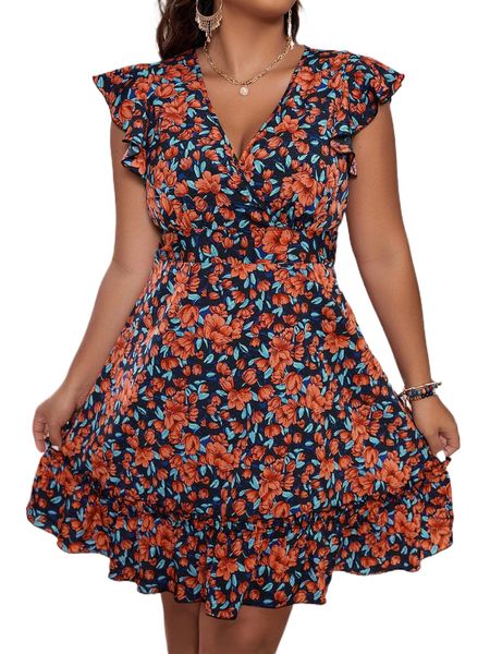 

plus allover floral print ruffle hem dress g2b3#, Black