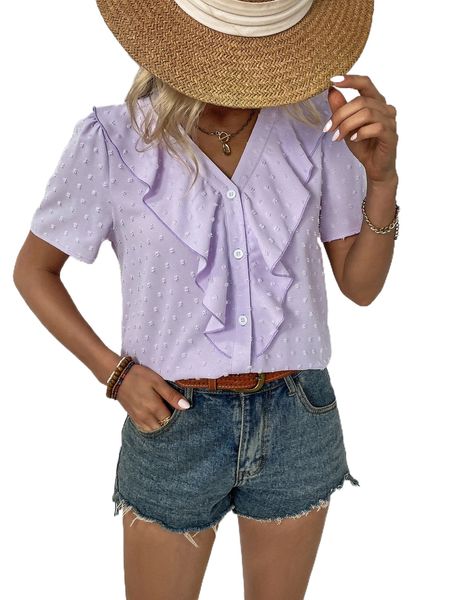 

swiss dot ruffle trim puff sleeve blouse u5dt#, White