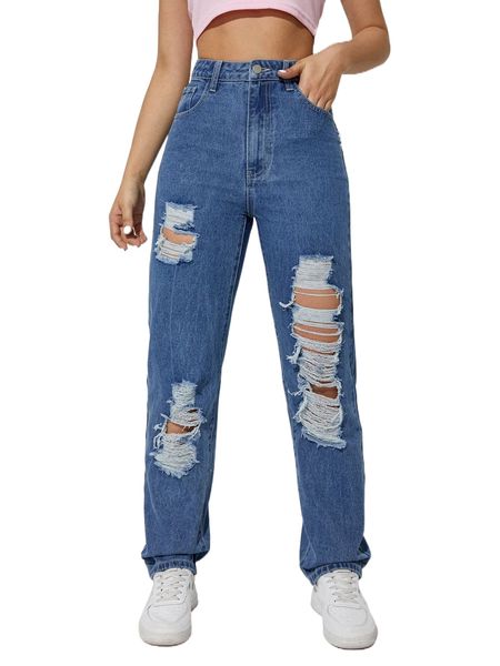 

high waist ripped frayed straight leg jeans x9ai#, Blue