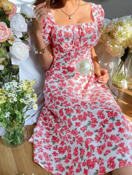 

allover floral print square neck puff sleeve knot front dress n3b4#, Black;gray