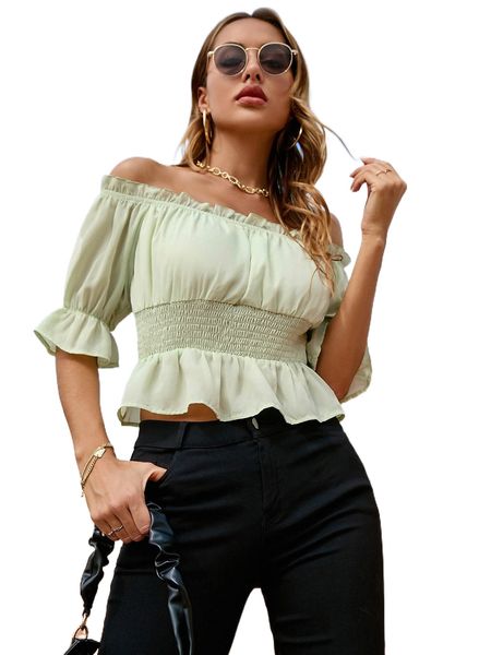 

off the shoulder shirred waist peplum blouse k0zg#, White