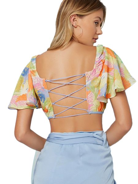 

x ji yeon lee knot front crisscross back leaves print p73b#, White