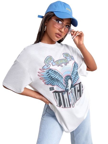 

drop shoulder eagle & letter pattern tee i42a#, White