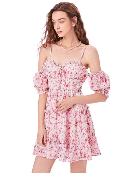 

mod floral print cold shoulder frilled puff sleeve tie front dress 67st#, Black;gray