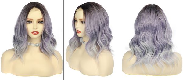 Nouveau Sexy court gris violet partie centrale Ombre ondulé petite dentelle femmes Cosplay fête perruques de cheveux synthétiques