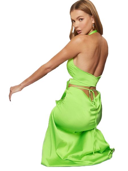 

neon green o-ring detail halter and high split skirt set d6vy#, White