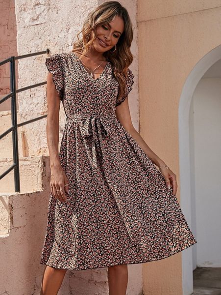 

ditsy floral print ruffle trim belted dress a46c#, Black;gray