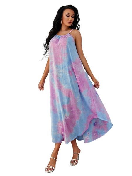 

sxy tie dye print asymmetrical hem cami dress 28nv#, Black;gray