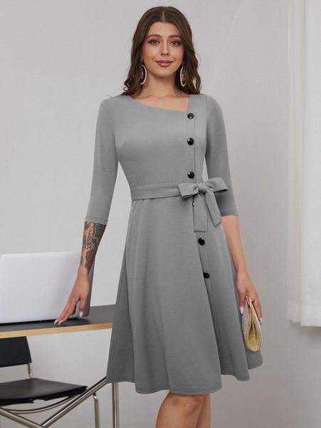 

asymmetrical neck button front belted dress l0os#, Black;gray