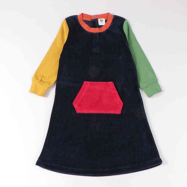 

girls dress long sleeves dress kids clothes velour winter pocket girl dresses children clothing kids autumn winter pocket dress l220715, Red;yellow