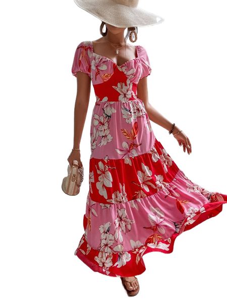 

floral print tie backless ruffle hem dress z5rs#, Black;gray