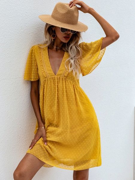 

swiss dot butterfly sleeve smock dress m40c#, Black;gray