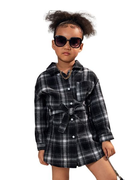 

toddler girls plaid print drop shoulder belted dress 64im#, Black;white