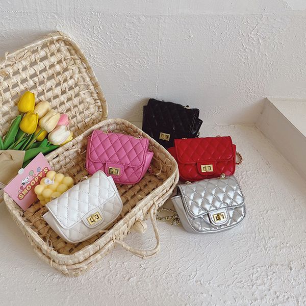 

lady style children diamond lattice quilted purse girls metals buckle chain single shoulder bags kids pu leather messenger wallet q7324, White