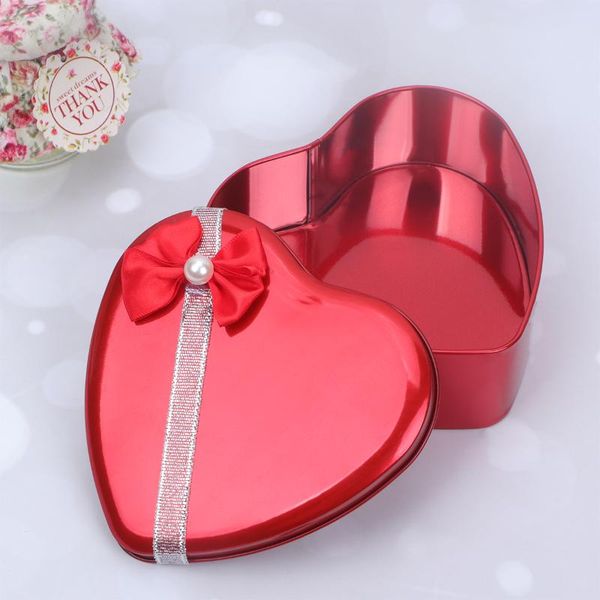 Geschenkpapier 4 stücke Rot Kreative Herzform Weißblech Box Verpackung Kann Exquisite Bogen Bonbonglas Tragbarer Behälter für Hochzeitsgeschenk