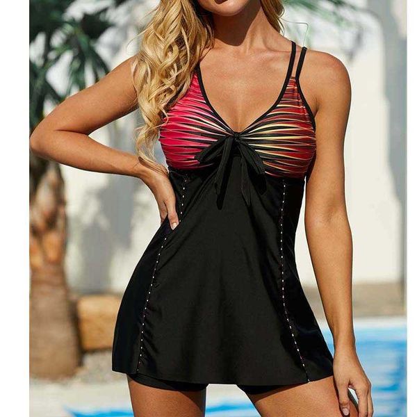 

2022 split bikini double band rainbow strip pleated skirt bow large swimsuit