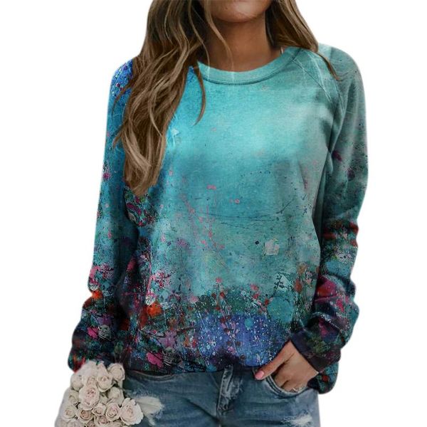 

women's polos fashion blouse flower print o neck long sleeves sweatshirt casual soft temperament pullover women's poloswomen&#039, White