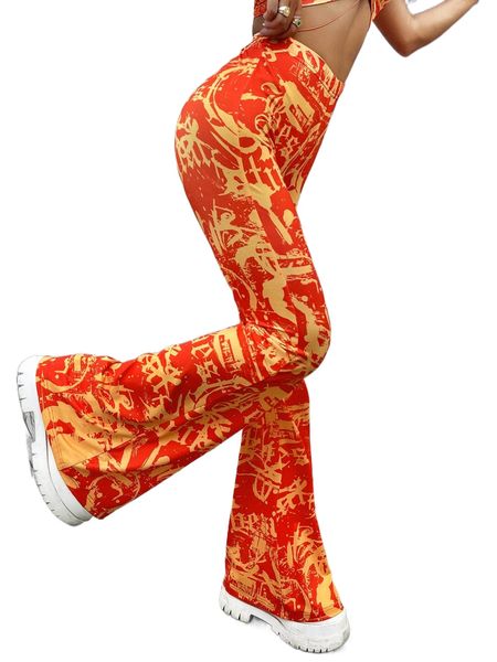 

allover print high waist flared leg pants x4qb#, Black;white