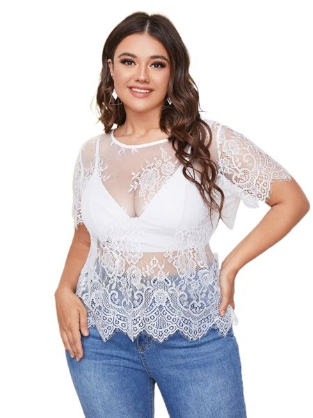 

plus scallop trim eyelash lace without bra u75e#, Black