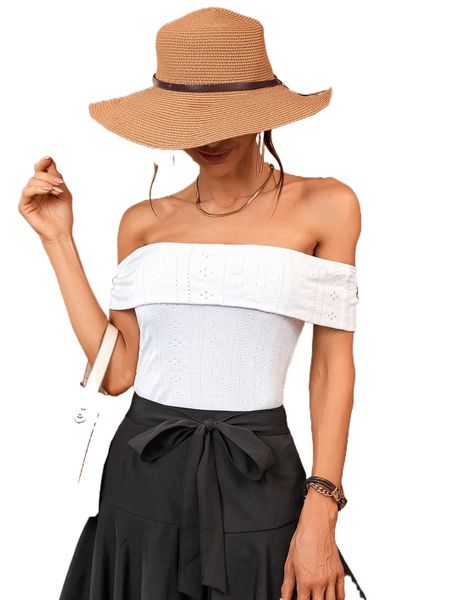 

eyelet embroidery fold over off shoulder tee x15v#, White