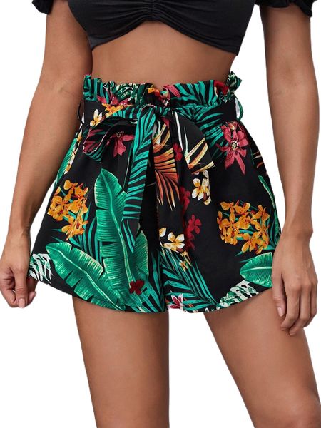 

tropical print paperbag waist belted shorts v4t1#, White;black