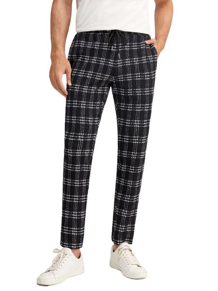 

men plaid drawstring waist pants 02sp#, Black