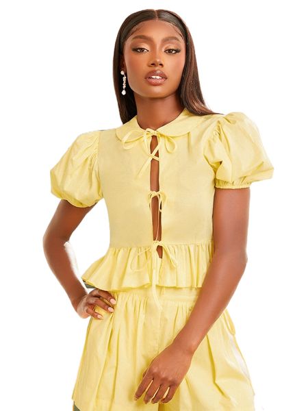 

newness tie front puff sleeve peplum blouse a7nz#, White