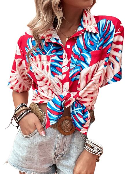 

t.ropical print b.utton up dual p.ocket b.louse 96at#, White