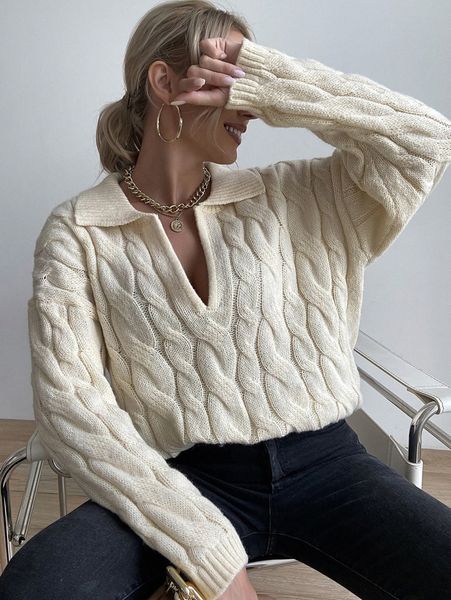 

cable knit drop shoulder sweater v87d#, White;black