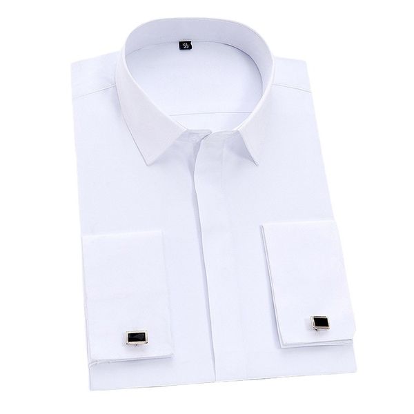 

men's french cuff dress shirts long sleeve social work business non-iron formal men solid white shirt with cufflinks, White;black