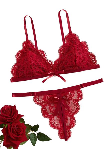 

lace scallop trim lingerie set j5et#, Black;red