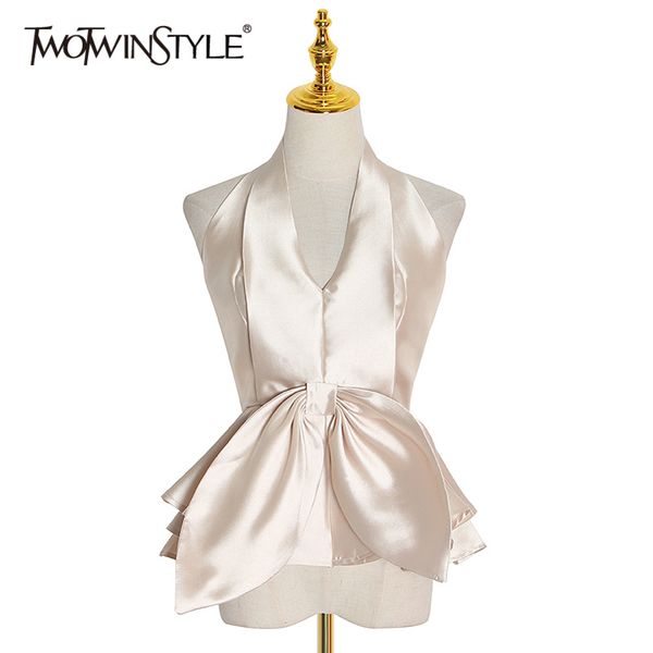 

backless shirt for women halter collar sleeveless patchwork bowknot slim shirts female fashion clothing 210423, White