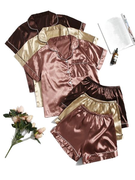 

3sets contrast piping satin blouse & shorts pj set 99fa#, Black;red