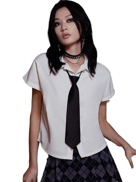 

romwe dark academia solid button front shirt without tie 90mg#, White