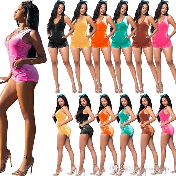 

wholesale summer rompers women velvet jumpsuits casual short sleeve zipper playsuits bodycon home overalls, Black;white