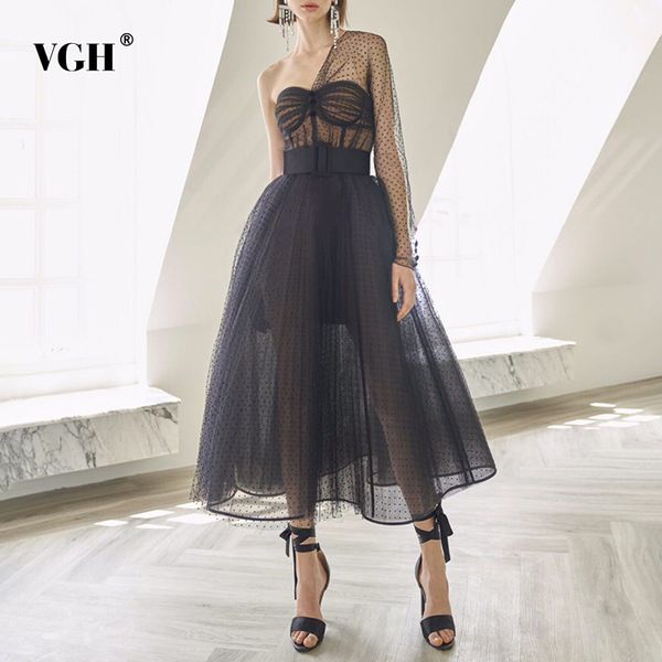 

black vintage dress for women asymmetrical collar long sleeve one off shoulder high waist dot print ball gown female fashion 210507, Black;gray